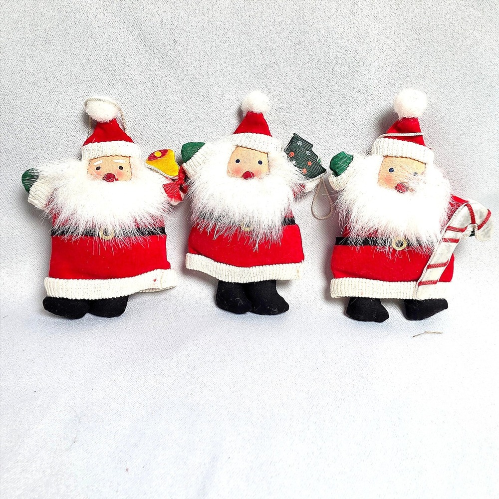 Vintage 70s 80s Plush Santa Claus Christmas Ornaments Set of 3 Felt Knit Kitsch